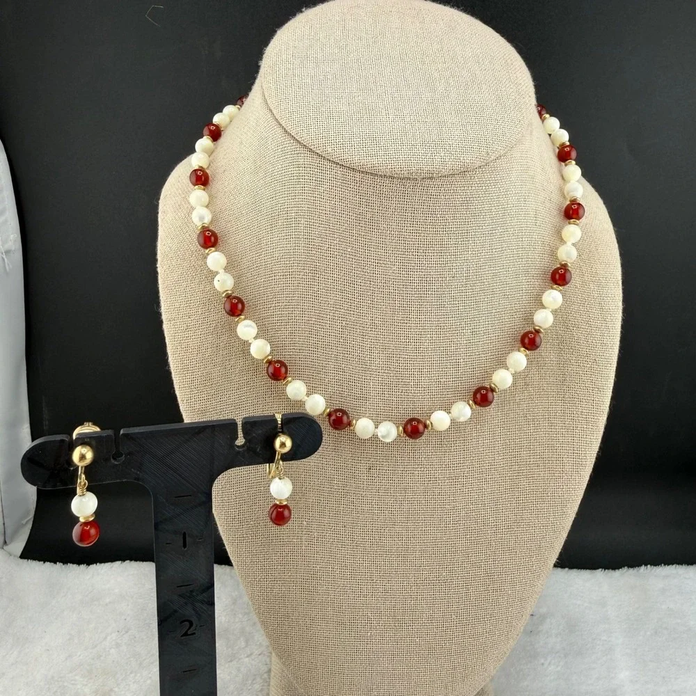 Vintage  Necklace Earring Set Red White Beaded Gold Tone 6mm 17